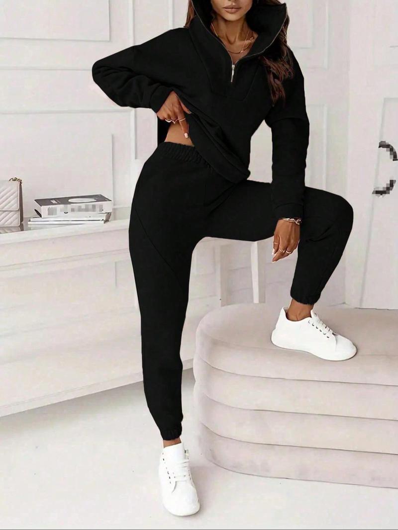Product Introduction of [2024]Two-piece Set Women's Solid Zip Up Sweatshirt & Pants, Casual Long Sleeve Stand  Collar Sweatshirt & Trousers for Fall & Winter, Women's Clothes for Daily Wear 6