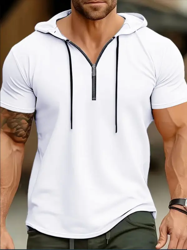 Men's Solid Zip Up Hooded Tee, Regular Fit Casual Breathable Short Sleeve T-shirt for Summer, Men's Top for Daily Wear, Sweatshirts 4