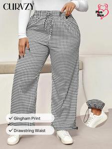 CURVZY Plus Size Gingham Print Drawstring Waist Wide Leg Pants, Casual Pocket Trousers for Daily Wear, Women's Bottoms for All Seasons