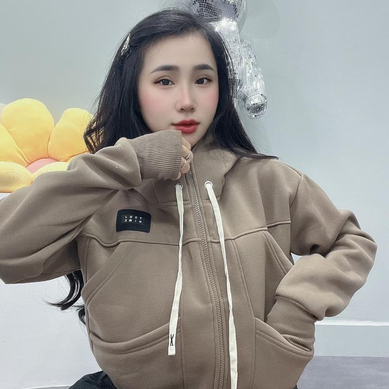Áo khoác nỉ 6 túi phối logo Top Hoodie Nữ Women Voi có thể giặt máy đậu màu xanh hoodie màu hoodie màu