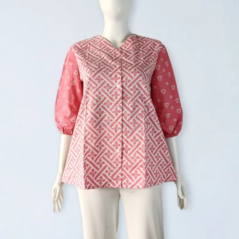 Shanaya atasan Batik wanita modern Blus purwanti Batik cap garutan lengan nanggung blouse kemeja kerja kantor kuliah viral Katun Baju Motif Seragam Formal