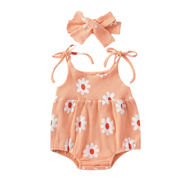 Bộ Áo Jumpsuit Quần Cho Em Bé Gái, Không Tay, In Hoa, Áo Liền Quần Và Băng Đô 6