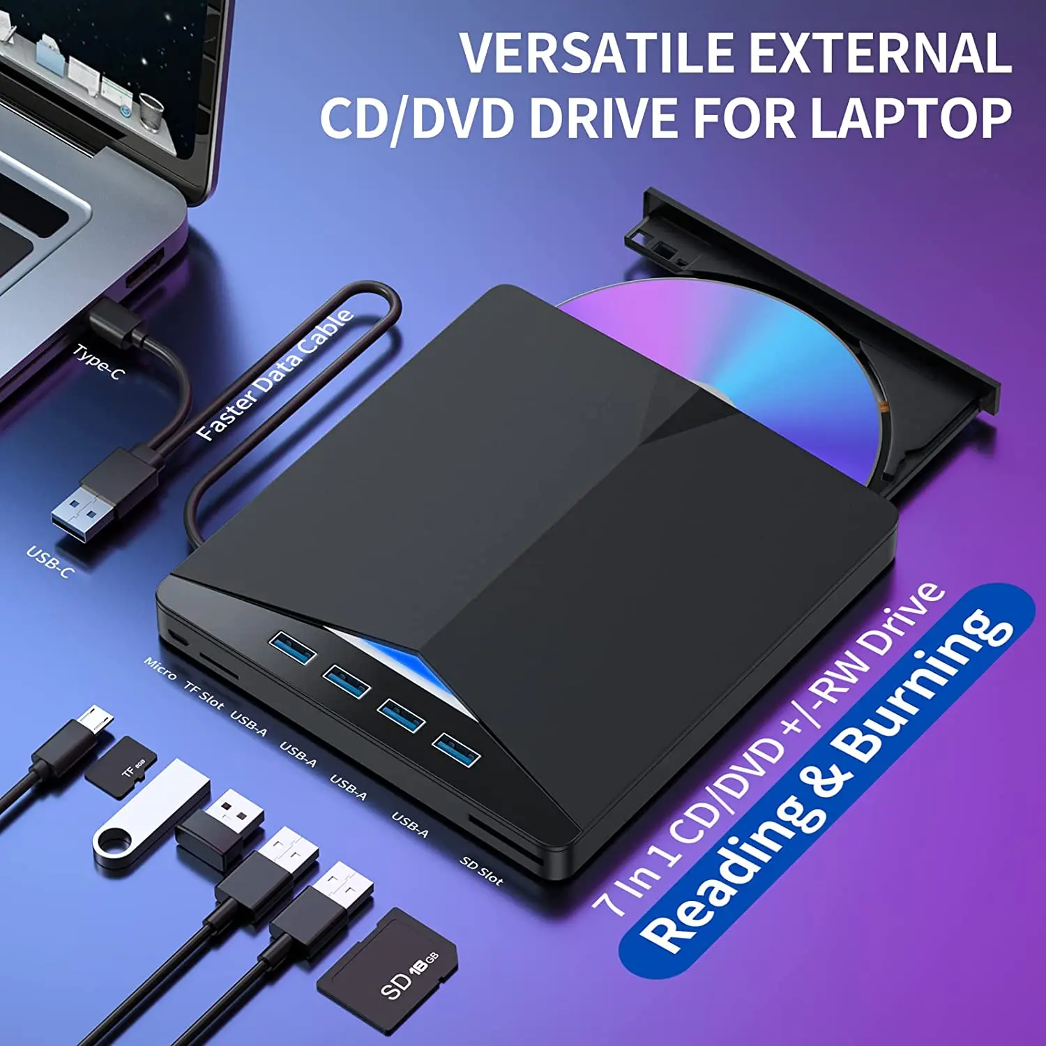 External CD/DVD Drive For Laptop, 7 In 1 USB 3.0 DVD Player Portable CD/DVD Burner, CD ROM External DVD Drive For Laptop Compatible With Laptop Desktop PC Windows 11/10/8/7 Linux OS