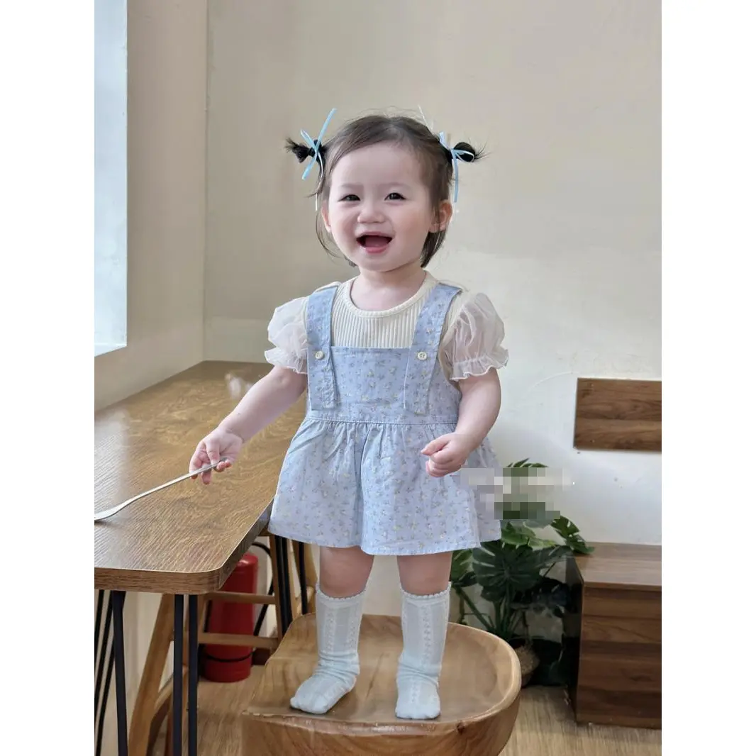 Trang Phục Mùa Hè Cho Em Bé Gái, Cỡ Sơ Sinh, Váy Hai Dây Hoa Màu Xanh Dương, Áo Liền Quần ngắn Tay Bong Bóng, Bộ Hai Mảnh, Mỏng Và Thoáng Khí, [Sự Thoải Mái Và Mỏng], Thích Hợp Cho Mùa Hè bộ  quần  loe  cho  bé  gái