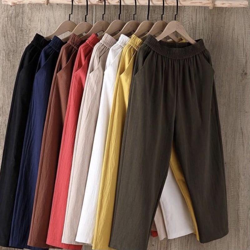 Quần đũi nữ cạp chun dáng dài dây rút màu đen ống đứng quần baggy nữ đũi lưng thun chất đũi nhẹ mát mặc thể thao đi biển chơi đi học Pants Women