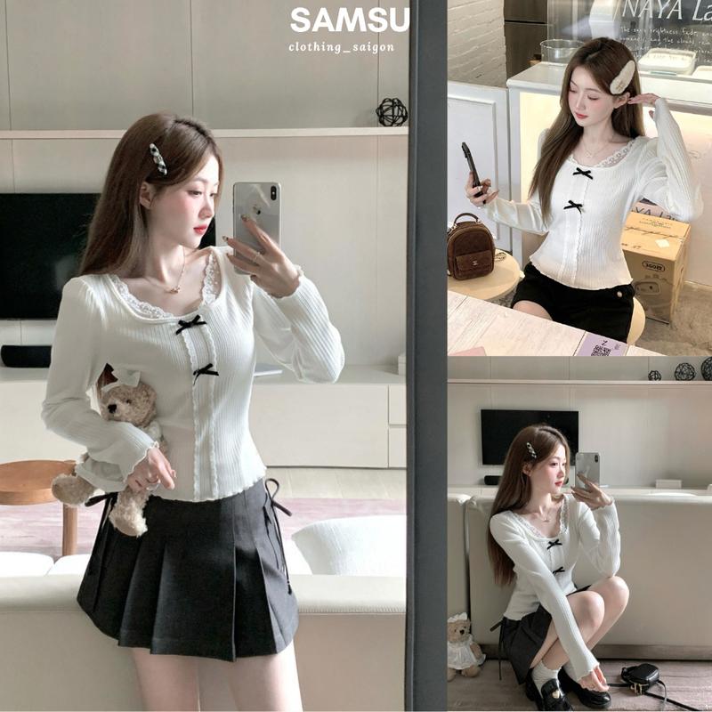[XẢ HÀNG] Áo Thun Len Dài Tay Kiểu Tiểu Thư Viền Bèo Cổ U Phối Ren Đính Nơ Phong Cách Hàn Quốc Samsu.clothing_saigon Nữ Women Top Sen Kem