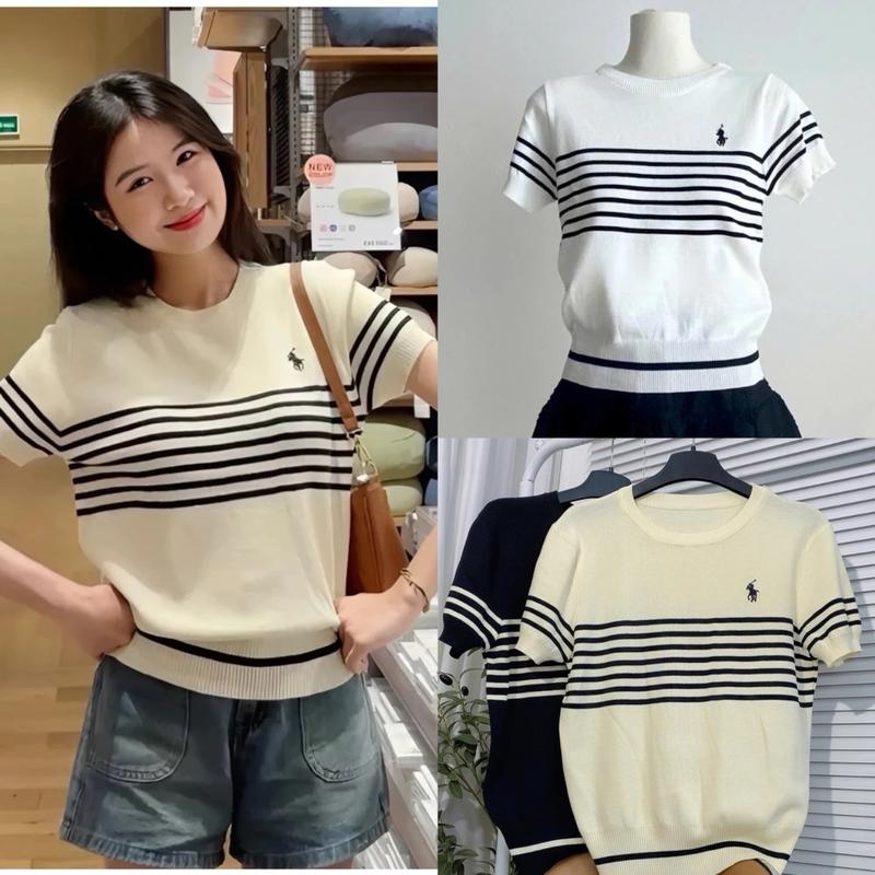 Áo len mongtoghi nữ tay ngắn kiểu cổ tròn kẻ ngang Áo thun dệt kim tay cộc len mỏng dáng basic QCCC