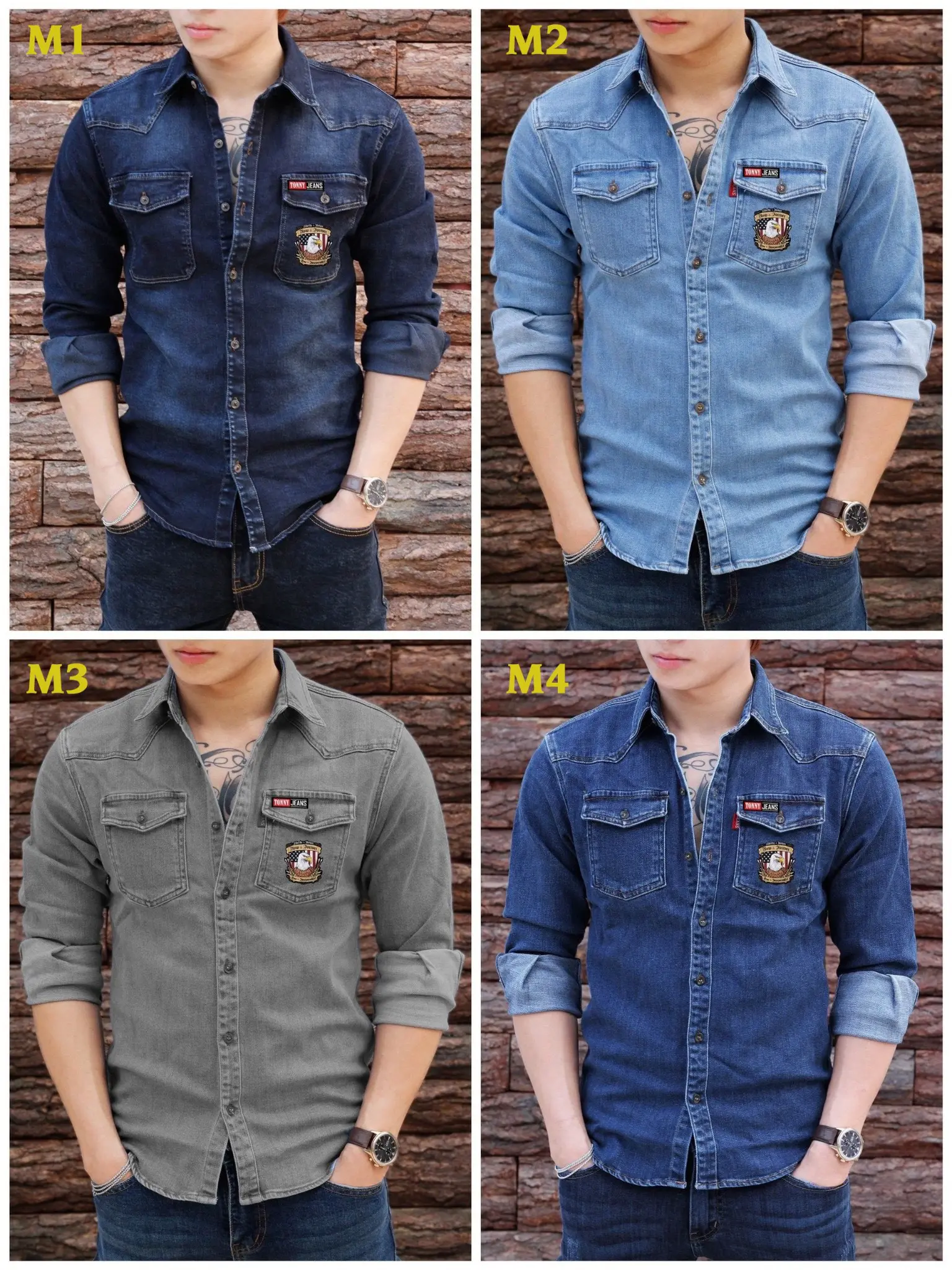 Áo Sơ mi nam jean - denim 2 túi. Sơ mi Tay dài, cổ bẻ. Áo nam Chất liệu jean 100%cotton co giãn 4 chiều. Sơ mi có túi . Phù hợp mọi thời tiết trong năm Menswear Áo Shirt Có Cổ