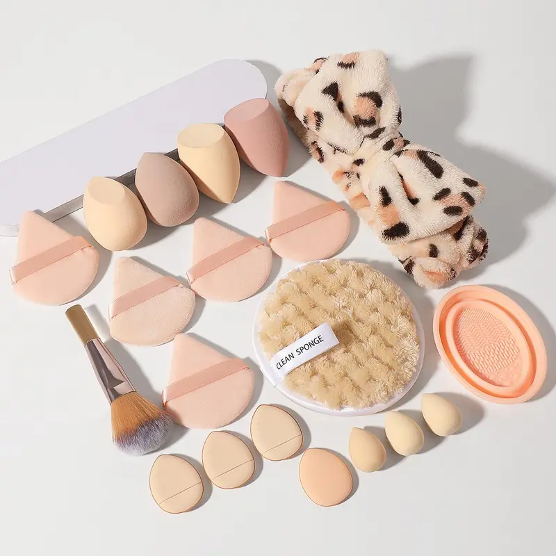Makeup Tool Set, 20pcs/set Versatile Soft Makeup Sponges & Powder Puffs & Makeup Brush & Face Wash Puff & Cleaner Mat & Headband, Great for Beginners 2