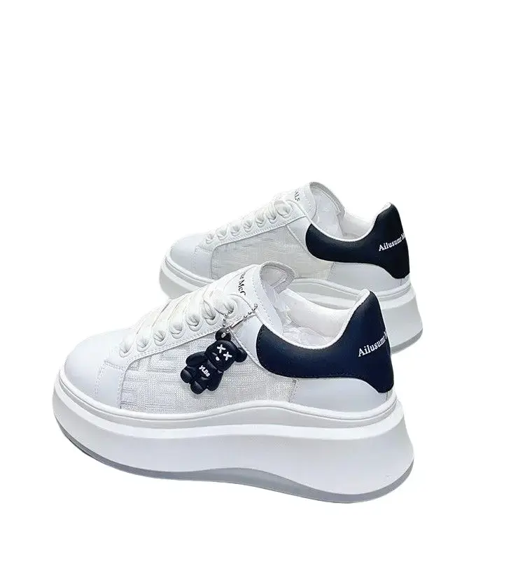 Giày Sneaker Nữ Thể Thao Tăng Chiều Cao 5cm Mùa Đông 2024 - Đen Trắng - Nhung, Hoa - Đồng