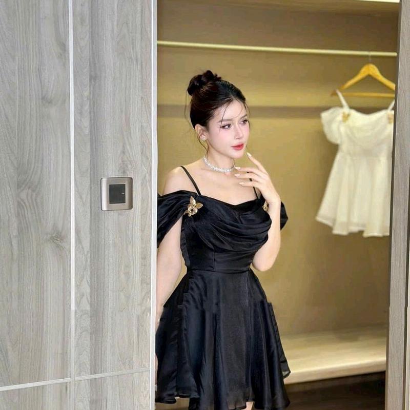 Đầm nữ 2 dây bệt vai tơ ánh kim kèm phụ kiện đi tiệc siêu xinh Women Dress 5