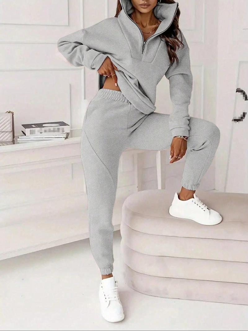 Product Introduction of [2024]Two-piece Set Women's Solid Zip Up Sweatshirt & Pants, Casual Long Sleeve Stand  Collar Sweatshirt & Trousers for Fall & Winter, Women's Clothes for Daily Wear 9