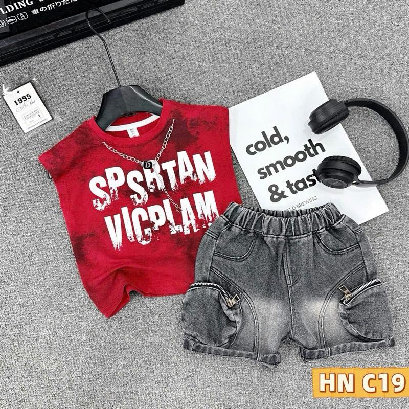 Sét áo thun sát nách phối quần sọt jean túi hộp cho bé trai, 8-25kh