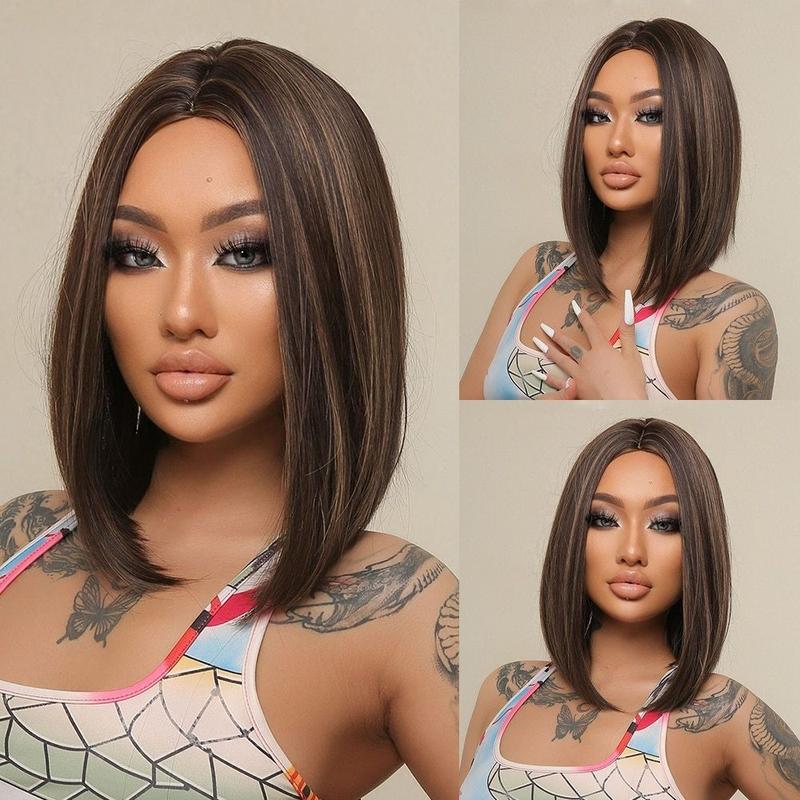 Product Introduction of short hair wig for woman full head cosplay Bob Wigs Red Highlight Middle Part Synthetic Wig 7