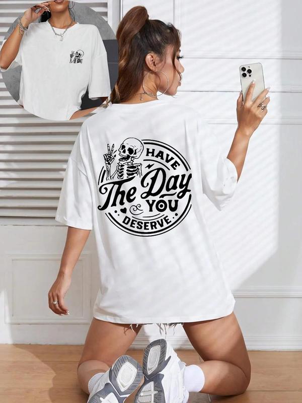 Women's Streetwear Letter & Skeleton Print Drop Shoulder Tee, Casual Half Sleeve Round Neck T-shirt for Daily Wear, Ladies Clothes for All Seasons, Tshirt 1