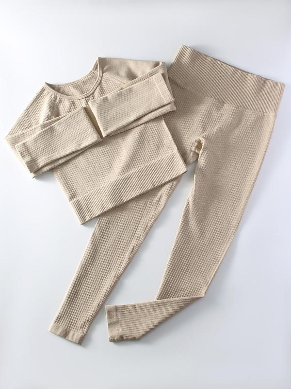 Two-Piece Set Women's Solid Ribbed Long Sleeve Crop Top & Wide Waistband Leggings Tracksuit Set, Sporty Breathable Outfits Co-ord Chav Set, Soft Comfy Tracksuit for Summer 1
