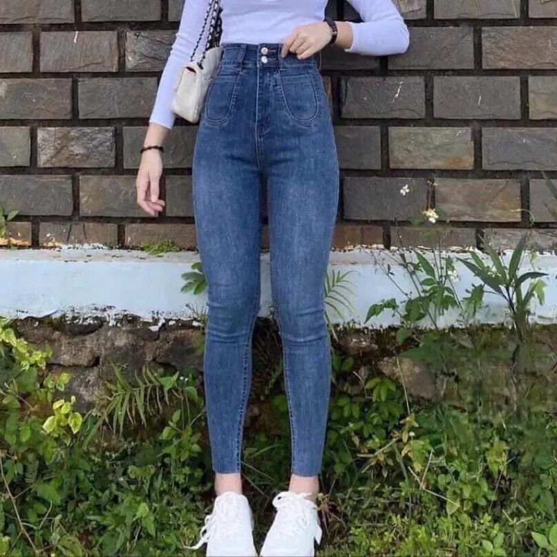 Quần jean ôm nữ cạp cao thời trang.chất vải QCCC co giãn 4 chiều Denim
