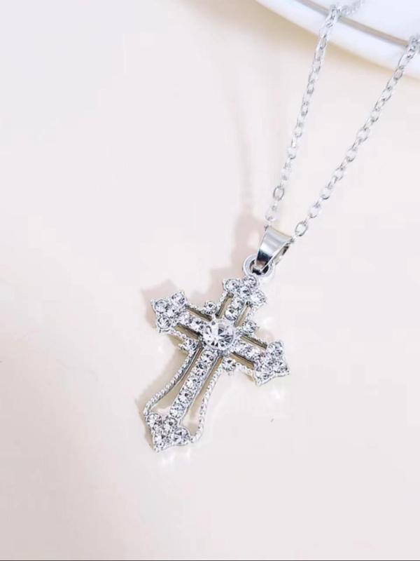 Rhinestone Cross Pendant Necklace (2pcs), Retro Personality Accessories for Both Men & Women, Vintage Jewelry for Party, Daily Clothing Decor for Birthday Gift 4