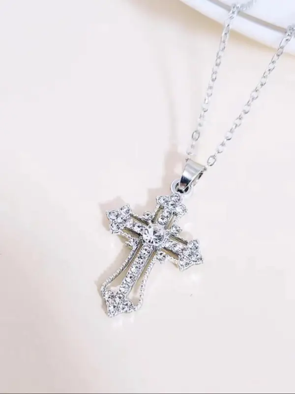 Rhinestone Cross Pendant Necklace (2pcs), Retro Personality Accessories for Both Men & Women, Vintage Jewelry for Party, Daily Clothing Decor for Birthday Gift 4