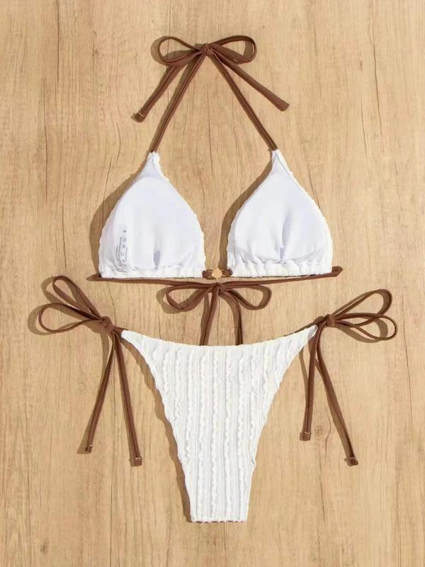 Two-Piece Set Women's Textured Triangle Bra & Knotted Swim Bottom Bikinis Set, Casual Halter Neck Backless Swim Top & Tie Side Swim Bottom Two-piece Swimsuit For Summer, Fashion Women's Swimwear For Beach Holiday Vacation 6