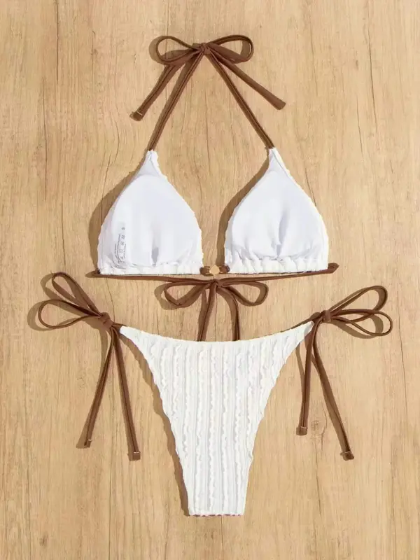 Two-Piece Set Women's Textured Triangle Bra & Knotted Swim Bottom Bikinis Set, Casual Halter Neck Backless Swim Top & Tie Side Swim Bottom Two-piece Swimsuit For Summer, Fashion Women's Swimwear For Beach Holiday Vacation 7