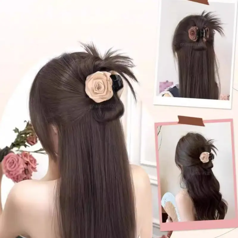 Tóc Giả Phong Cách Trung Quốc Cho Nữ, Tóc Nối Đuôi Ngựa Hình Quả Bóng Buộc Nửa, Kẹp Hoa Hồng, Tóc Giả Lọn Tóc Trông Tự Nhiên, Tóc Mái, Nhẹ Nhàng Và Dễ Phối Đồ Tóc Mô Phỏng, Hàng Mới Về 4