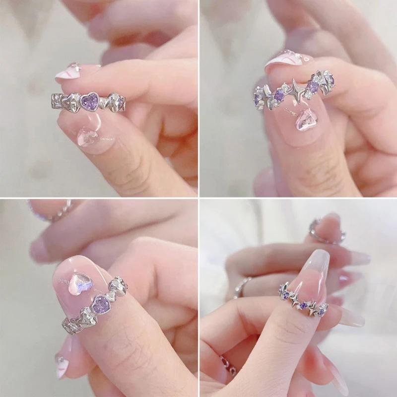 Product Introduction of New Fashion Shiny Purple Rhinestone Opening Couple Rings for Women Men Vintage Crystal Star Adjustable Ring Lover Simple and Versatile 2
