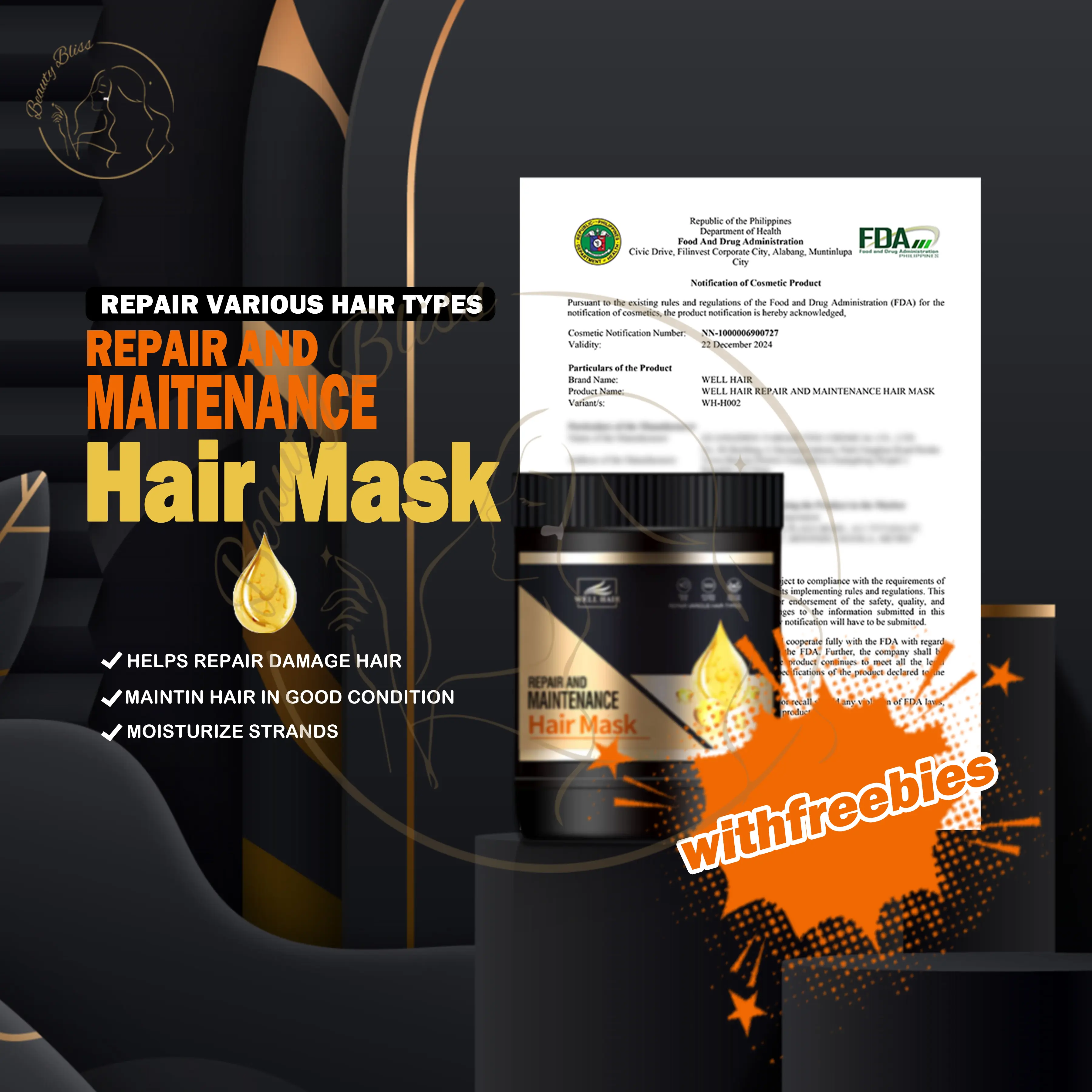 Wellhair Repair and Maintenance Hair Mask 1000ml Hair Care Strengthen Hair Repair Damage Dry Frizzy Smooth Hair Moisturize Hair Conditioner Haircare Moisture Hydrating WH-H002