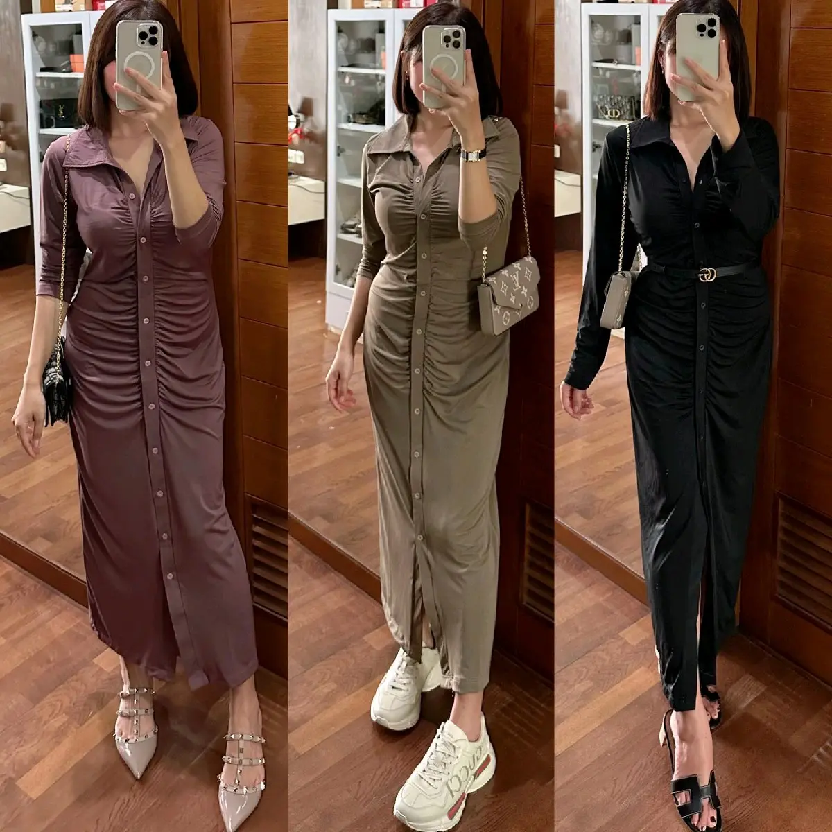 DRESS V NECK LONG SLEEVE WRINKLE DRESS BAJU HIJAB KERUT DEPAN PAKAIAN WANIBAJU BUMIL BUSUI FRIENDLY Kancing Nyaman Panjang