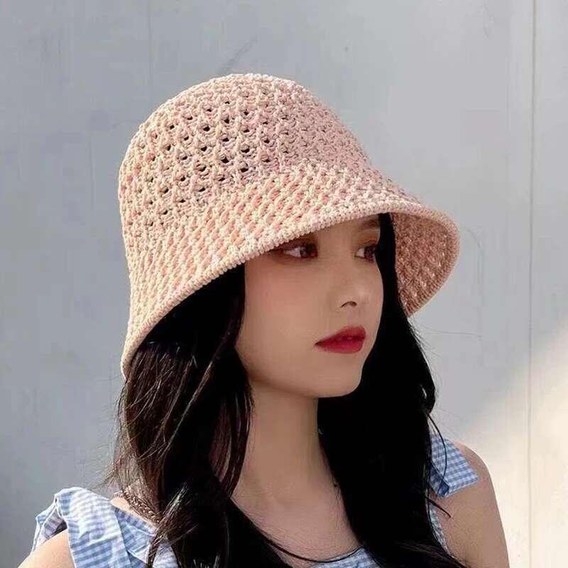 Product Introduction of Bucket Spring Summer Hollow Knitted Hat Solid Color Sunhat Fisherman Caps Casual Foldable Beach Cap 28