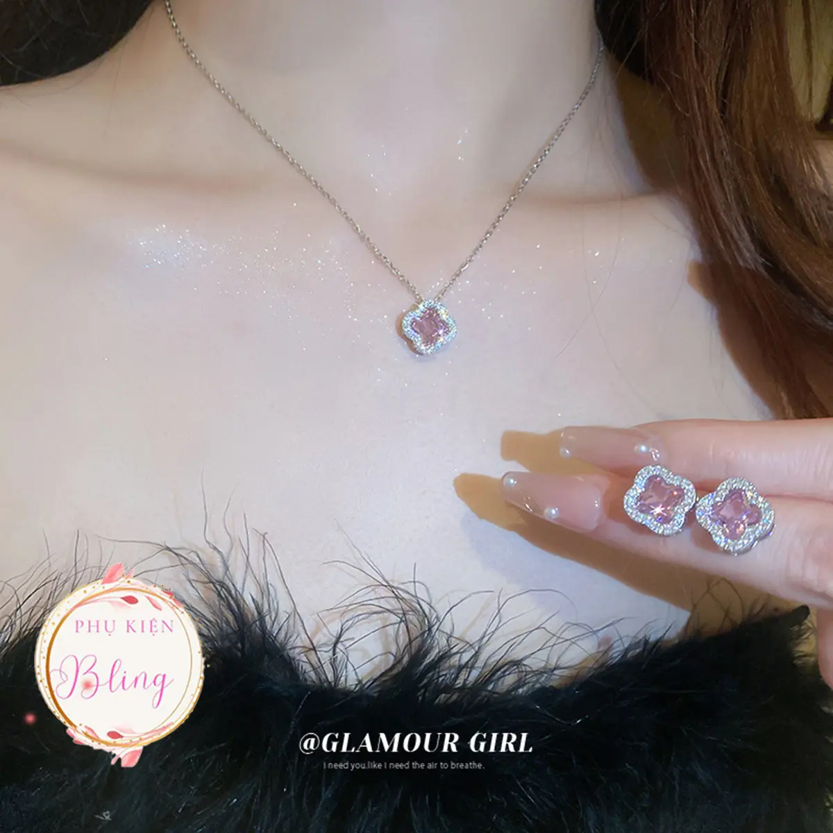SET dây chuyền-khuyên tai hoa bốn lá màu hồng Titan