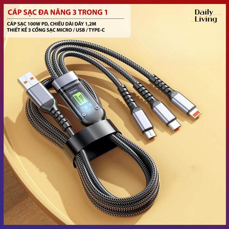 Dây Cáp Sạc 100W PD Dài 1,2M Với 3 Đầu Micro USB Type 3 Trong 1 Thiết Kế Thông Minh Chống Dứt, Chống Rối