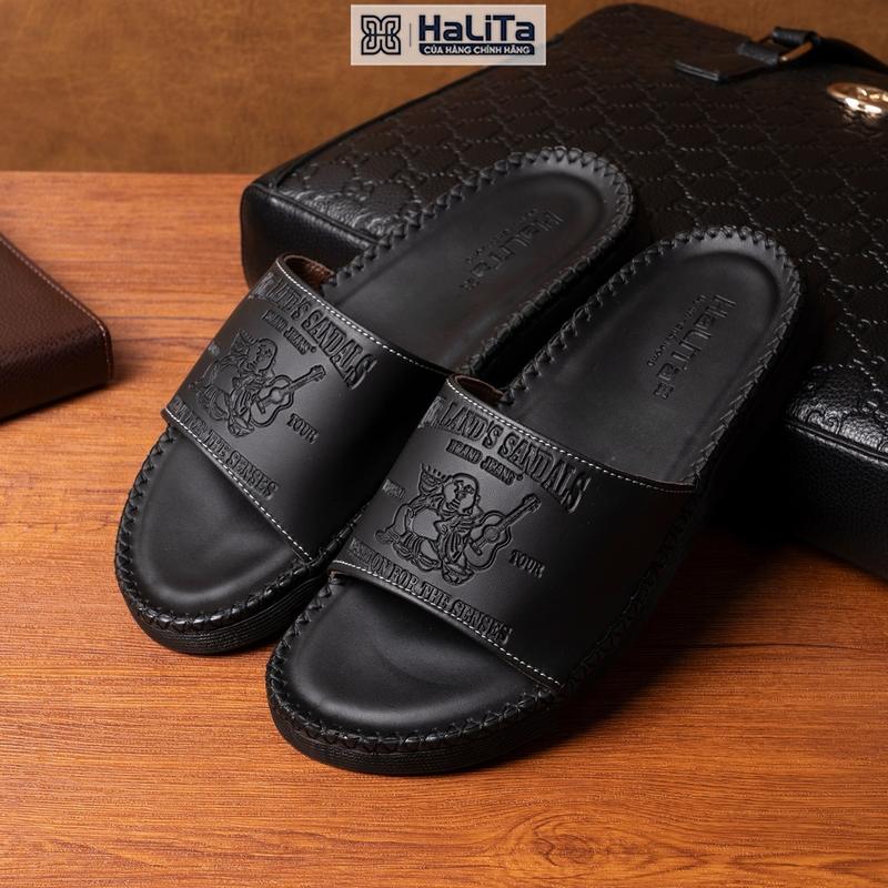[ VINHBANHBO ĐỘC QUYỀN ] Dép Nam Đẹp Đi Mưa dập vân nối Địa Halita, Da Bò Sáp chống thấm nước, Đế Nhẹ Có Răng Cưa Chống Trơn Trượt, Mặt da êm chân khâu chỉ viền xung quanh. Dép Nam Đế Bằng