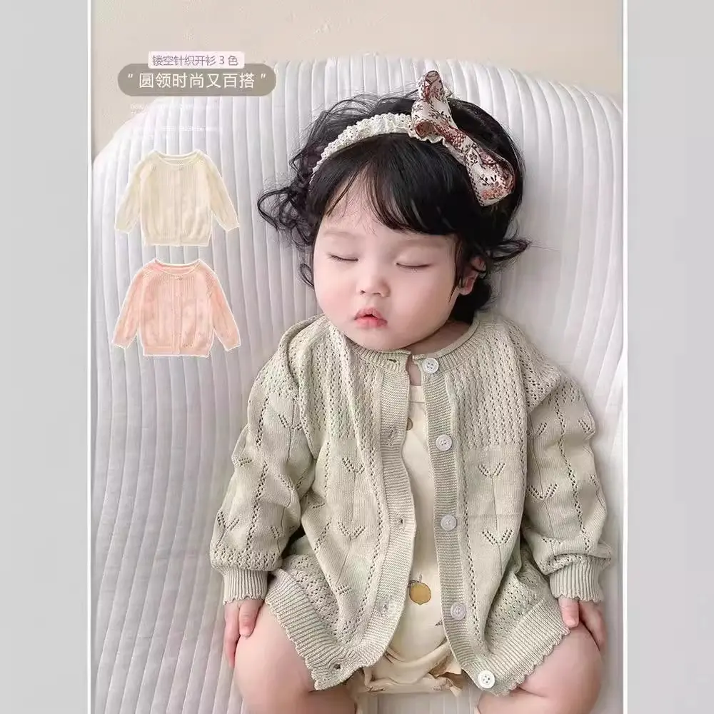 2024 Girl's Knitted Cardigan Spring/Summer Thin Office Cardigan Outwear Baby and Infant Sun Protection Shirt Hollow out Coat