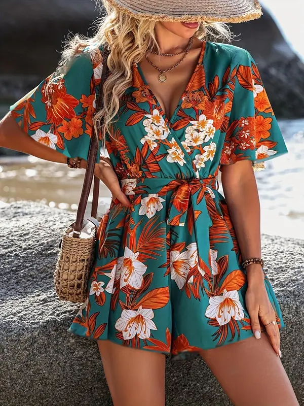 Women's Plants Print Belted Romper, Casual Short Sleeve Wide Leg Romper for Summer, Fashion Women's Clothes for Beach Holiday, Womenswear 2