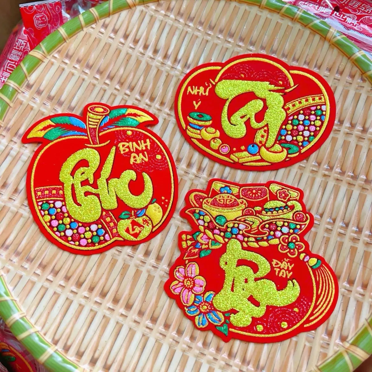 (DÁN DƯA NHUNG) Set 10 miếng dán dưa NHUNG KIM TUYẾN quả táo, túi tiền, thỏi vàng có keo sẵn TOP