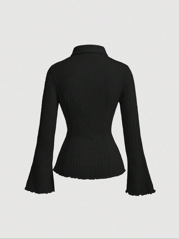 Women's Plain Button Front Long Sleeve Blouse, Elegant Casual Collared Top for Fall & Winter, Women's Clothing for Daily Wear 1