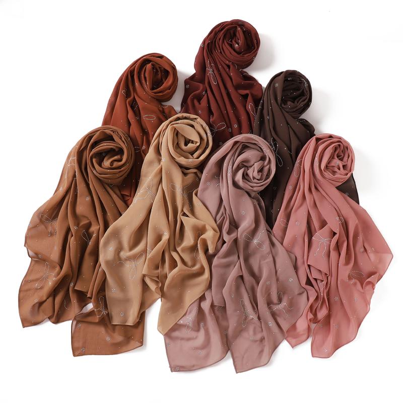 High-End Heavy Craft Bowknot Rhinestone Solid Color Chiffon Long Scarf Full Rhinestone Shawl Headscarf Cape Scarf Silk Scarf for Women 3