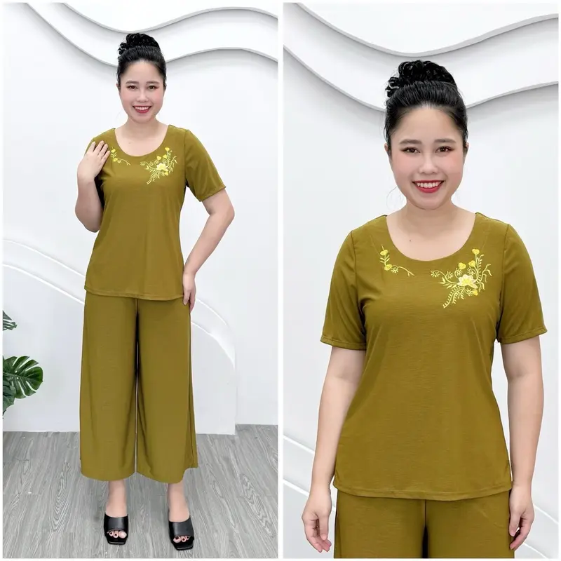 T65 Đồ bộ trung niên, set bộ cho mẹ thun aty mỹ mềm mát, quần ống rộng 9 tấc, 50-85kg Nữ Áo Women Nhung 6