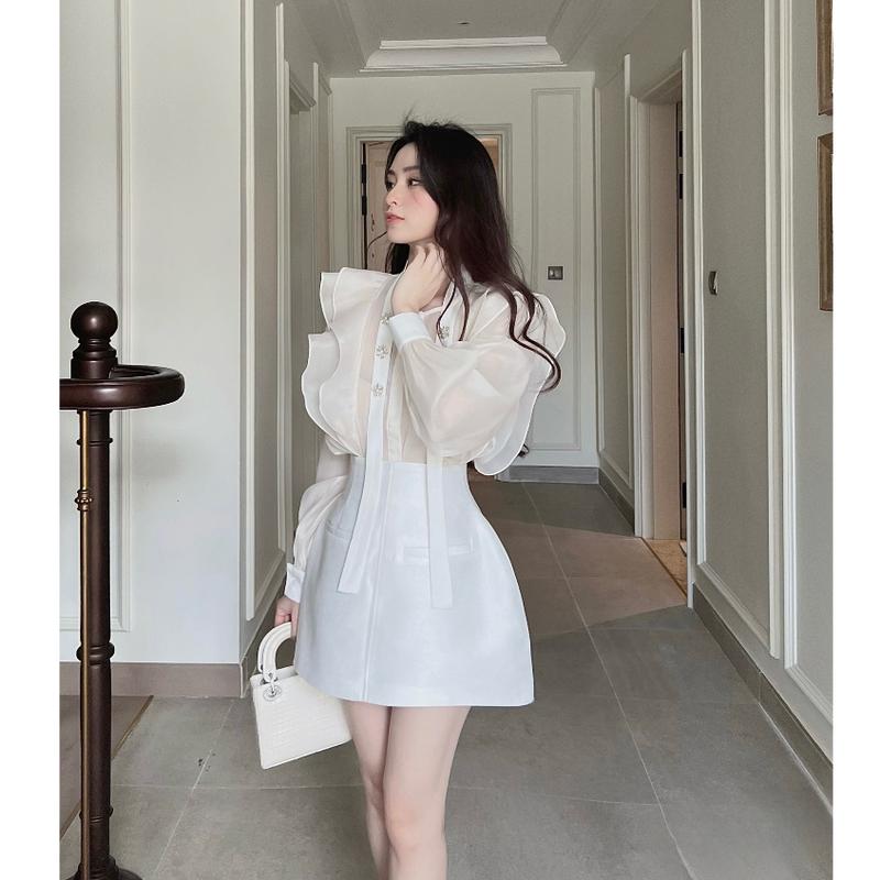 (Có BigSize) Set Áo Tay Dài Bèo Cổ Dây Kết Đá Và Chân Váy Chữ A 2 Túi Mổ A2CV013 0