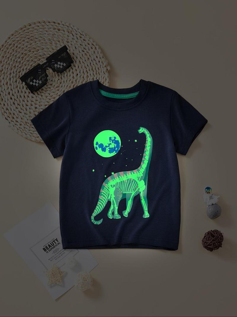 Product Introduction of Toddler Boy's Luminous Reflective Earth & Dinosaur Print Tee, Cute Short Sleeve Crew Neck T-Shirt, Kids Summer Clothes 12