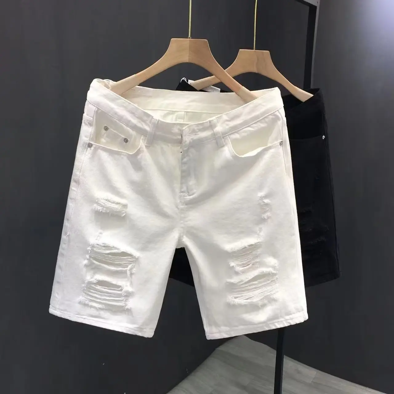 Quần Short Denim Cropped Xén, Mỏng Mùa Hè, Thời Trang Nam Phong Cách Hàn Quốc, Rách, Dáng Ôm, Thường Ngày, Thương Hiệu Thời Trang, Quần Độc Đáo