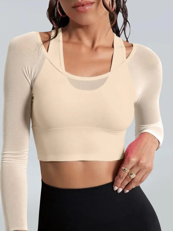 Women's Solid Color Sports Top, Sporty Long Sleeve Crop Top with Removable Chest Pad, Ladies Sportswear for Indoor Outdoor Wear 5