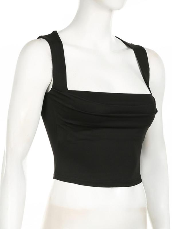 Women's Summer Plain Ruched Square Neck Crop Tank Top, Lady Summer Clothes, Classy Casual Sleeveless Cropped Top for Summer, Ladies Clothes for Daily Wear, Womenswear 5