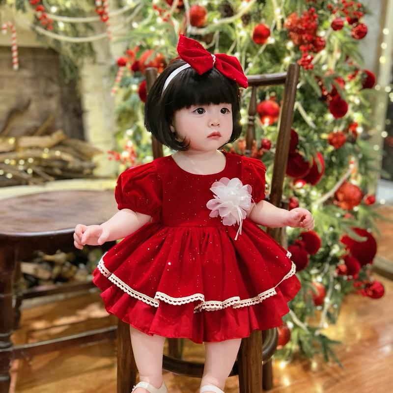 Đầm Nhung Đỏ Ánh Sao Xoè Đính Hoa Kèm Băng Đô Và Quần Chip Cho Bé Gái 5-12kg, Váy Noel, Tết, Tiệc