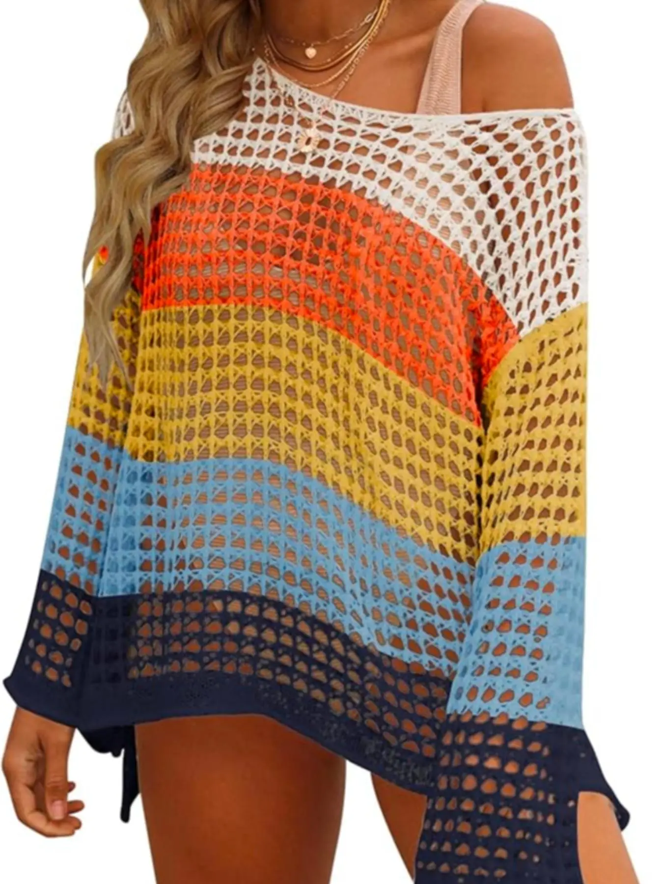 Plus Size Colorblock Striped Print Hollow Out Sheer Split Hem Cover Up Top, Asymmetrical Hem Drop Shoulder Long Sleeve Scoop Neck Cover Up for Beach Vacation