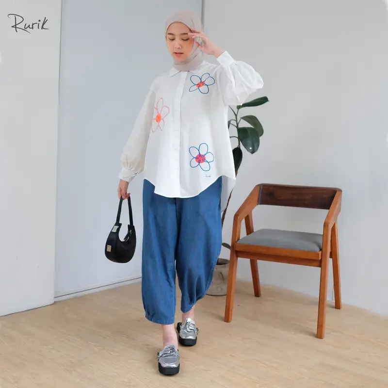 Rurik Flower Embroidery Shirt Kemeja Oversize  atasan  wanita Baju Muslim Nyaman Panjang Airflow 3