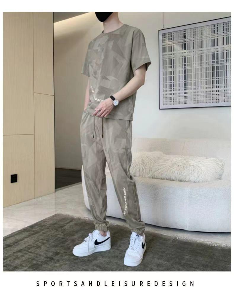 Product Introduction of Wolf Warrior Family Summer Ice Silk Casual Set Men's Short Sleeve T-Shirt Trendy Stylish Sportswear Shorts Two-Piece Set Sneakers 36