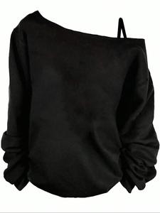 Playera de cuello asimétrico sólido para mujer, camiseta casual de manga larga para primavera y otoño, ropa femenina para uso diario