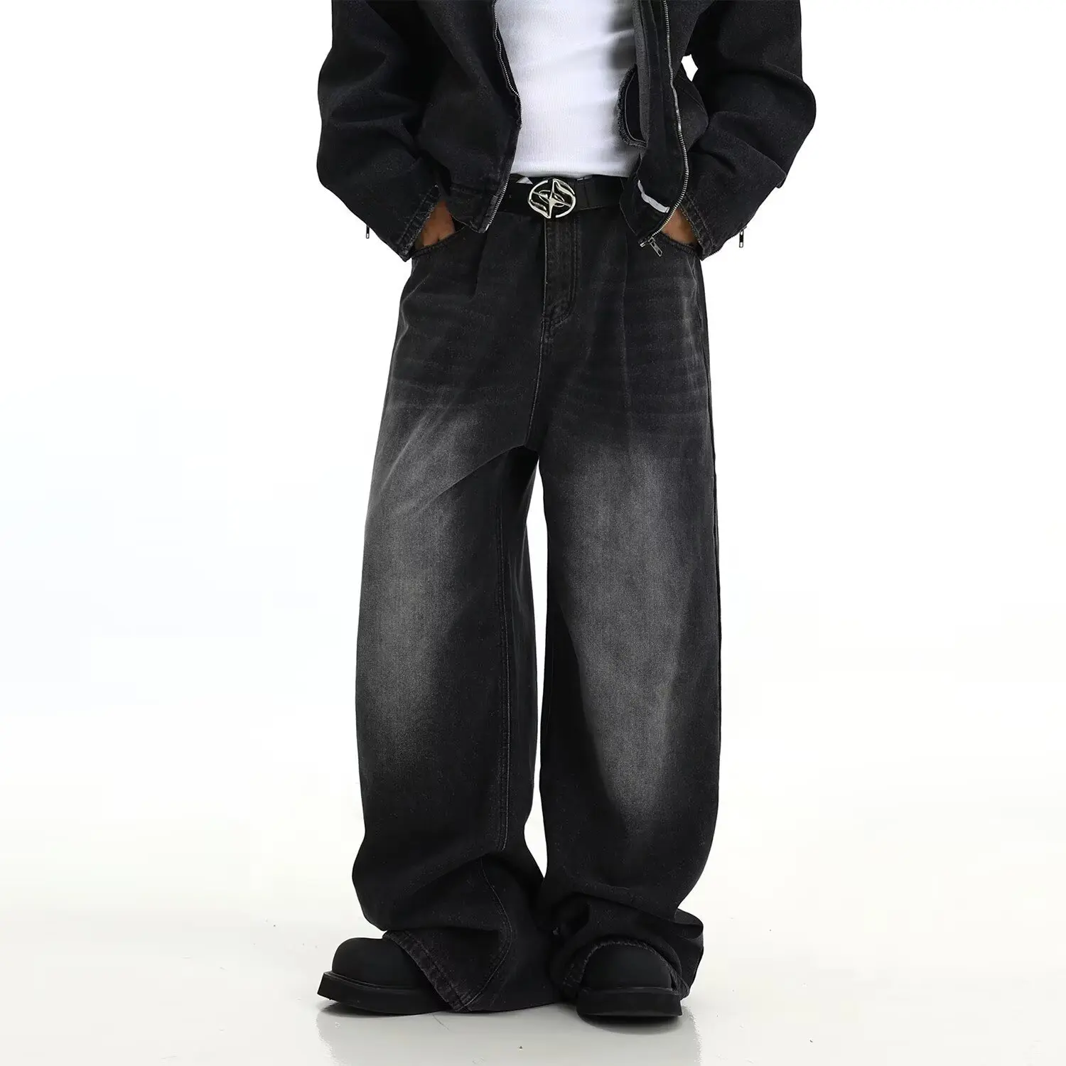Men's Vintage Washed Jeans - American Streetwear Wide Leg Denim Pants (Summer Distressed Style)